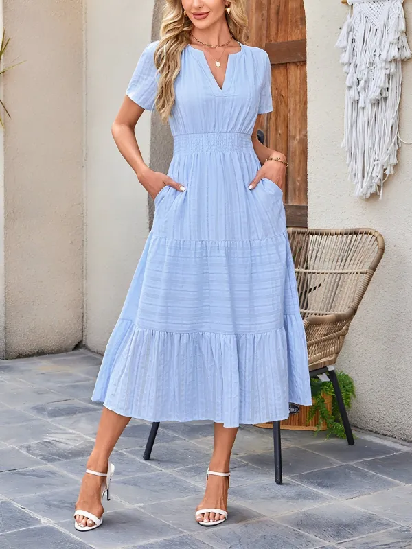 Notch Neck Puff Sleeves Pocketed Smocked Tiered Midi Dress sold by Allegra K