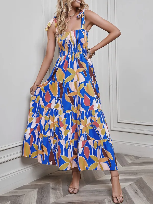 Floral Sleeveless Lace-Up Bow Smocked Tiered Maxi Dress sold by Allegra K