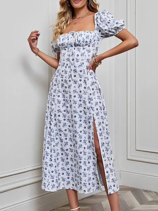 Puff Sleeve Square Neck Slit Floral Midi Dress sold by Allegra K