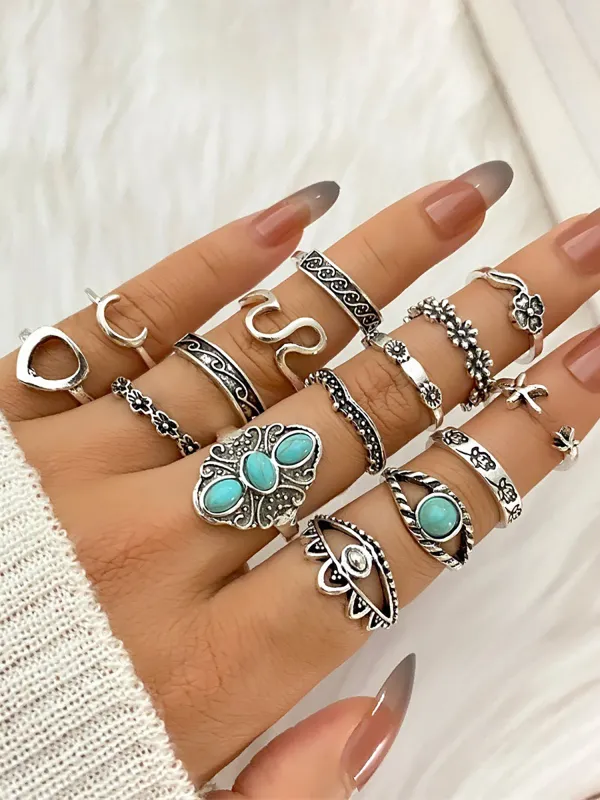 15 Pcs Vintage Alloy Carved Turquoise Ring Set sold by Allegra K