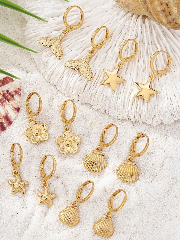 6 Pairs Beach Shell Flower Huggie Earrings Set sold by Allegra K