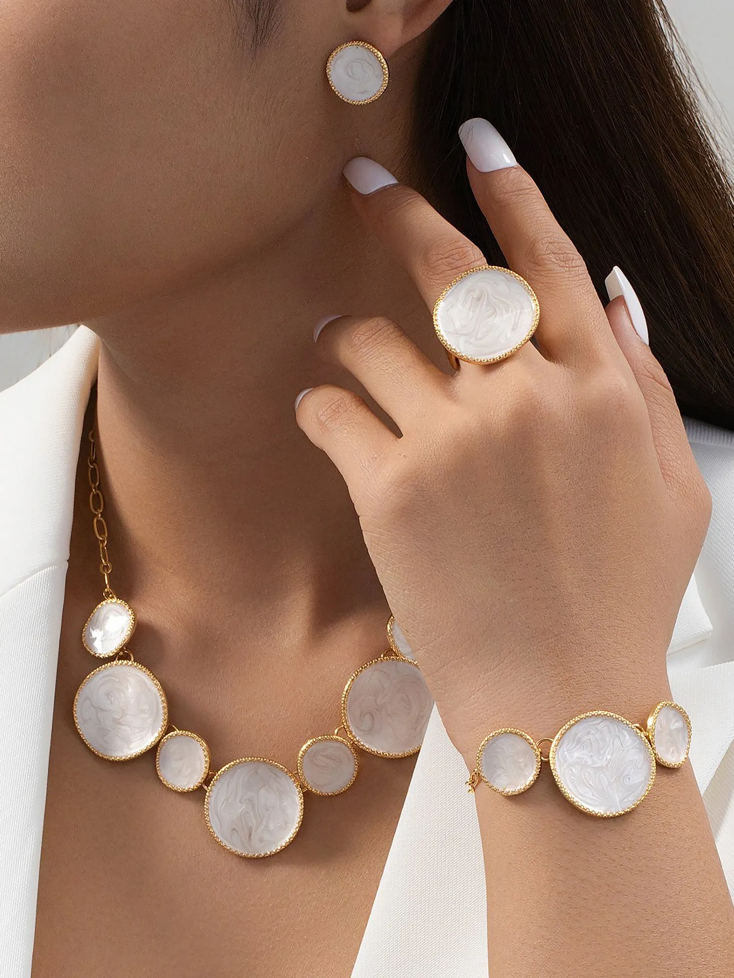 4 Pcs Irregular Round Shape Bracelet Necklace Earrings Ring Set sold by Allegra K