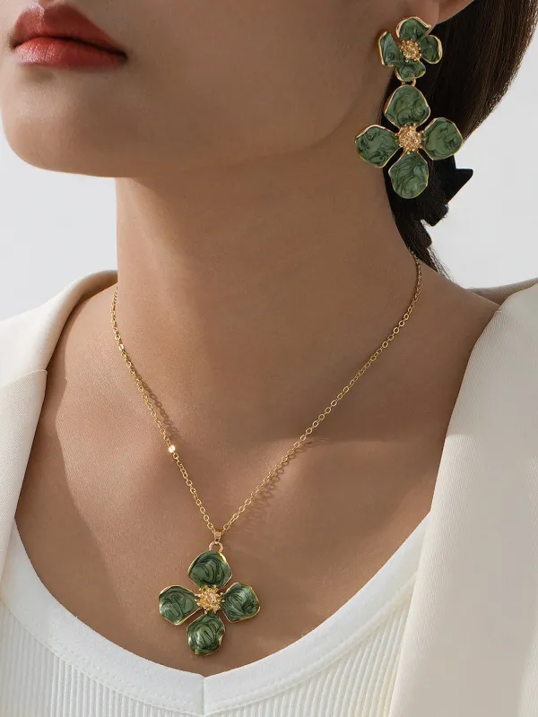 2 Pcs Alloy Flower Shape Pendant Necklace Earrings Set sold by Allegra K