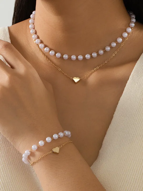 2 Pcs Faux Pearl Heart Shape Pendant Necklace Bracelet Set sold by Allegra K