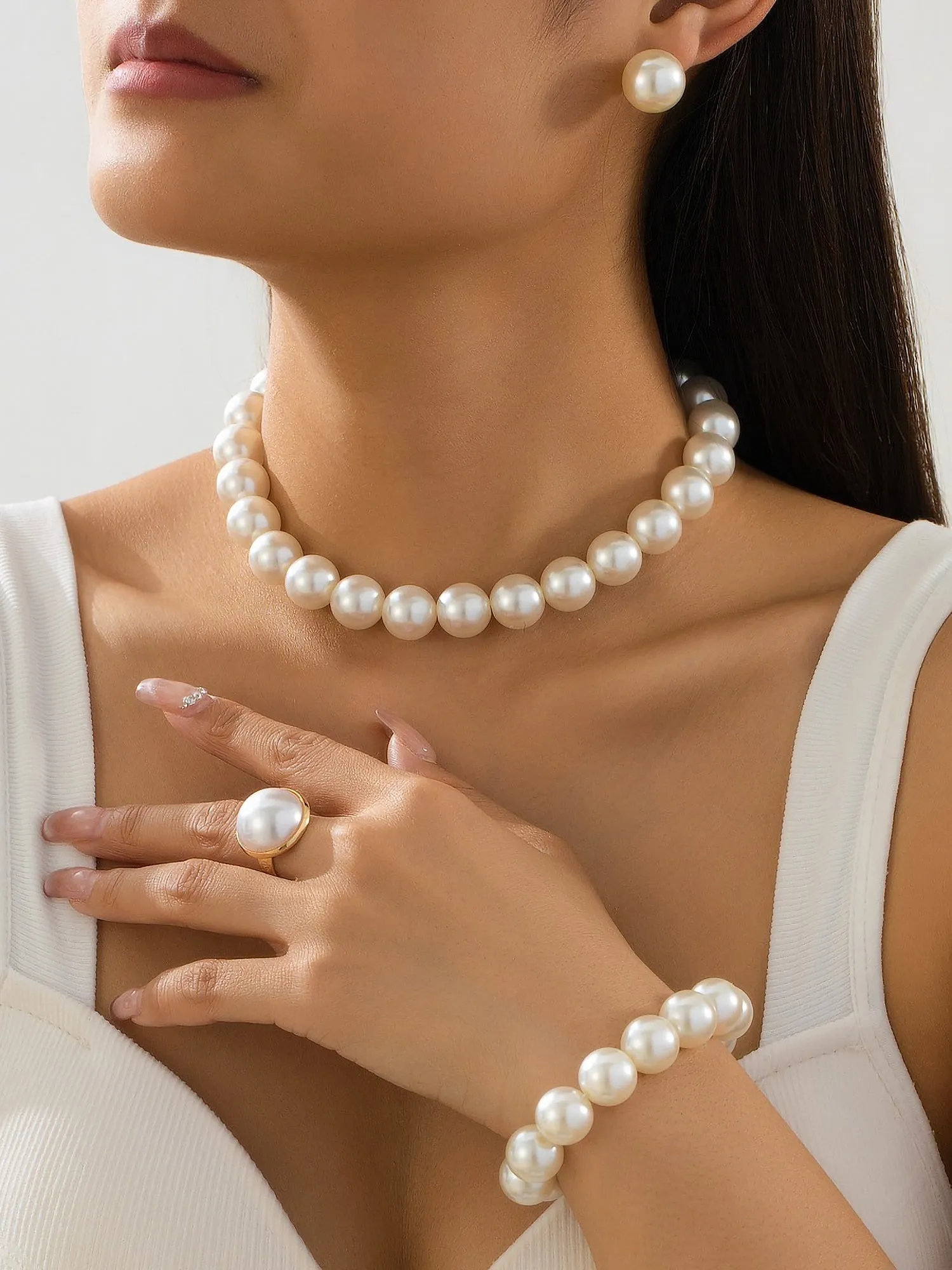 4 Pcs Faux Pearl Necklace Bracelet Earrings Ring Set sold by Allegra K