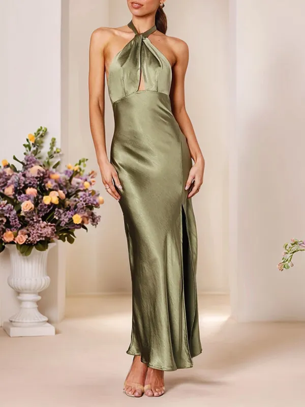 Halterneck Keyhole Slit Satin Sleeveless Backless Dress sold by Allegra K