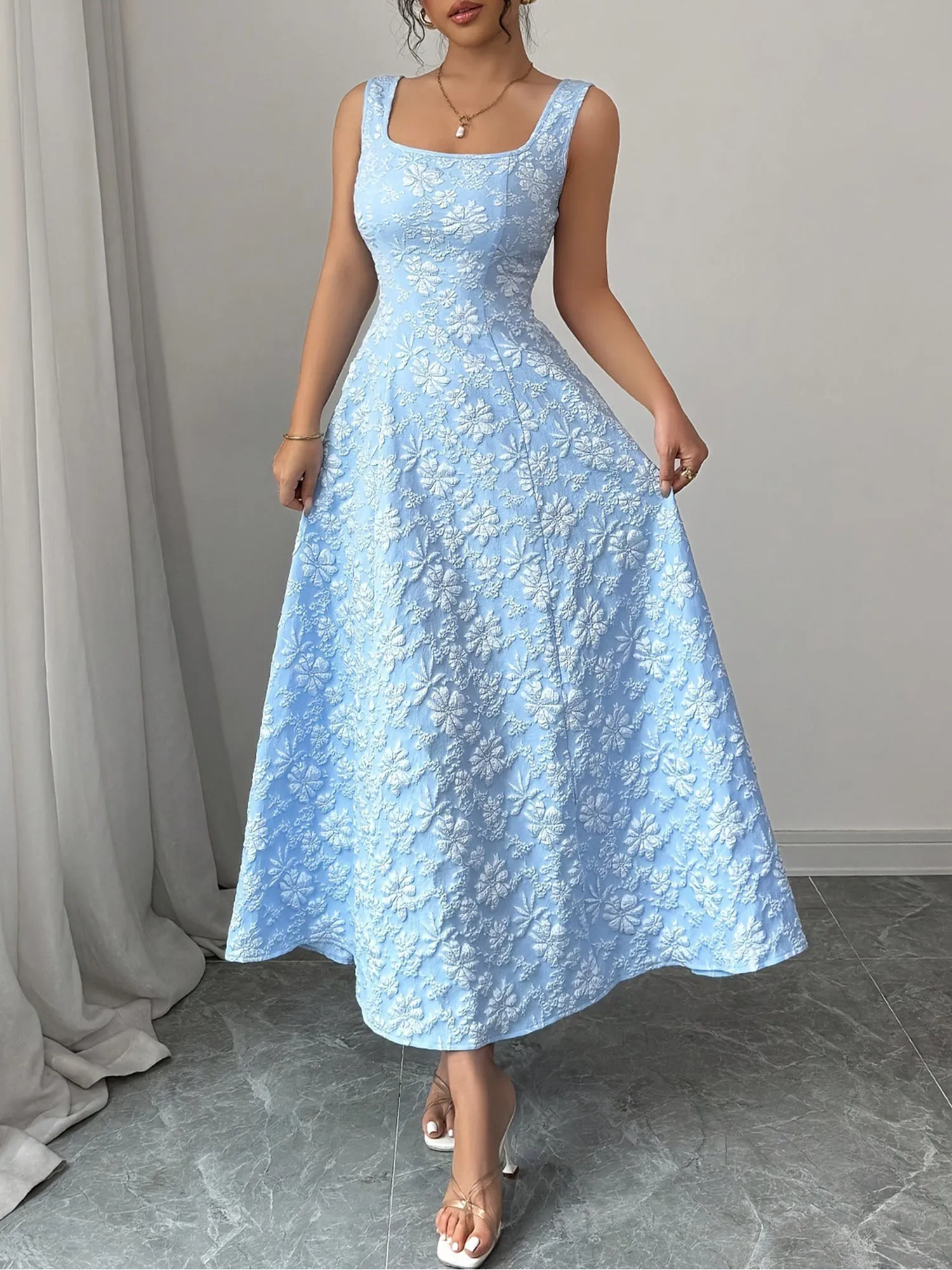 Square Neck Sleeveless Flower Textured A-Line Dress sold by Allegra K product image thumbnail 5
