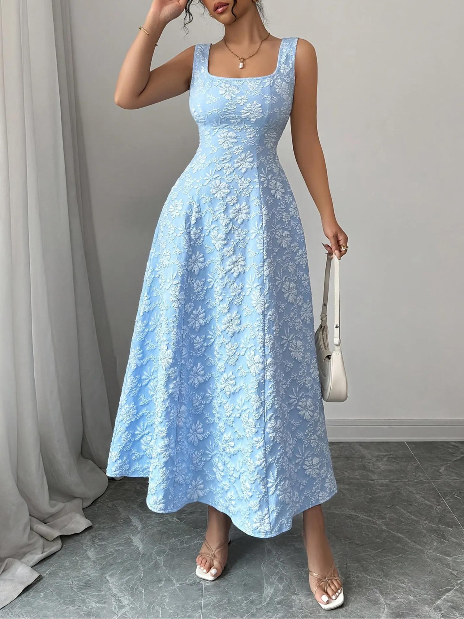 Square Neck Sleeveless Flower Textured A-Line Dress sold by Allegra K product image thumbnail 3