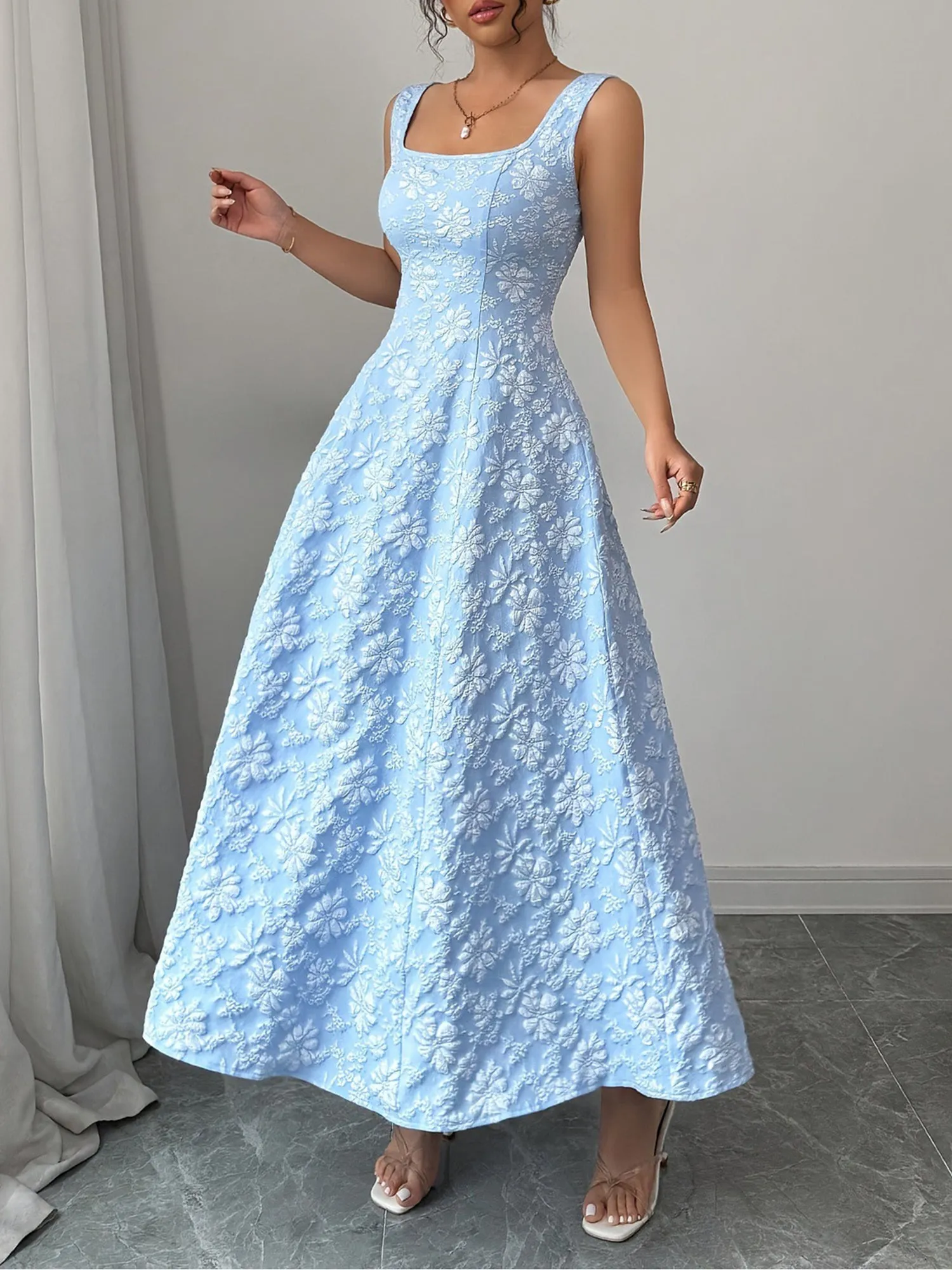 Square Neck Sleeveless Flower Textured A-Line Dress sold by Allegra K product image thumbnail 4