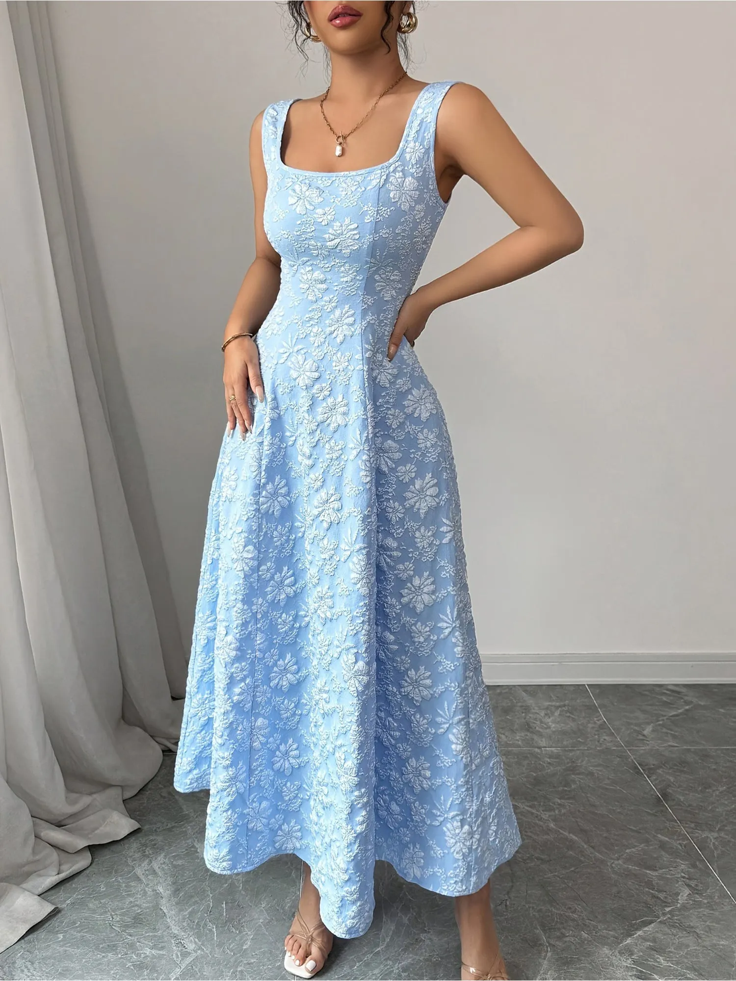 Square Neck Sleeveless Flower Textured A-Line Dress sold by Allegra K