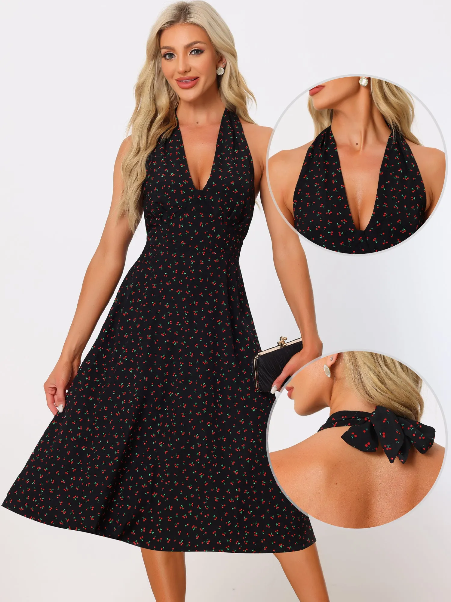 1950s Vintage Halter Neck Casual Cherry Print Midi Swing Dress sold by Allegra K product image thumbnail 2