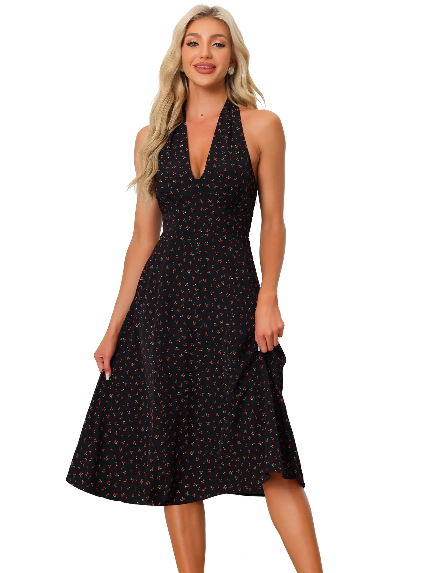 1950s Vintage Halter Neck Casual Cherry Print Midi Swing Dress sold by Allegra K product image thumbnail 5