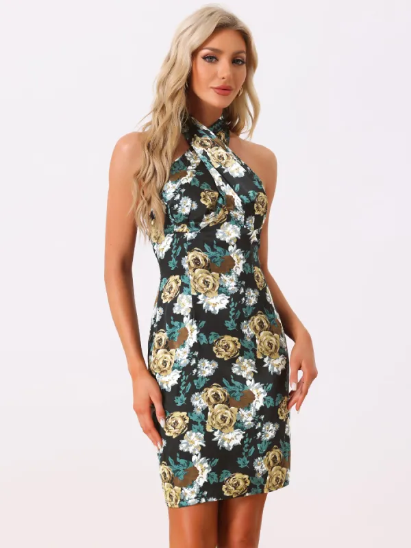 Floral Halter Neck Sleeveless Satin Mini Dress sold by Allegra K