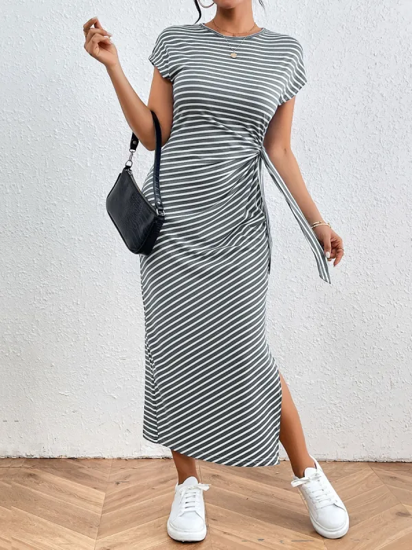 Cap Sleeves Twisted Knot Striped Slit Maxi Sheath Dress sold by Allegra K