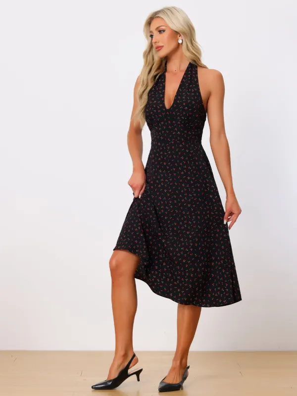 1950s Vintage Halter Neck Casual Cherry Print Midi Swing Dress sold by Allegra K
