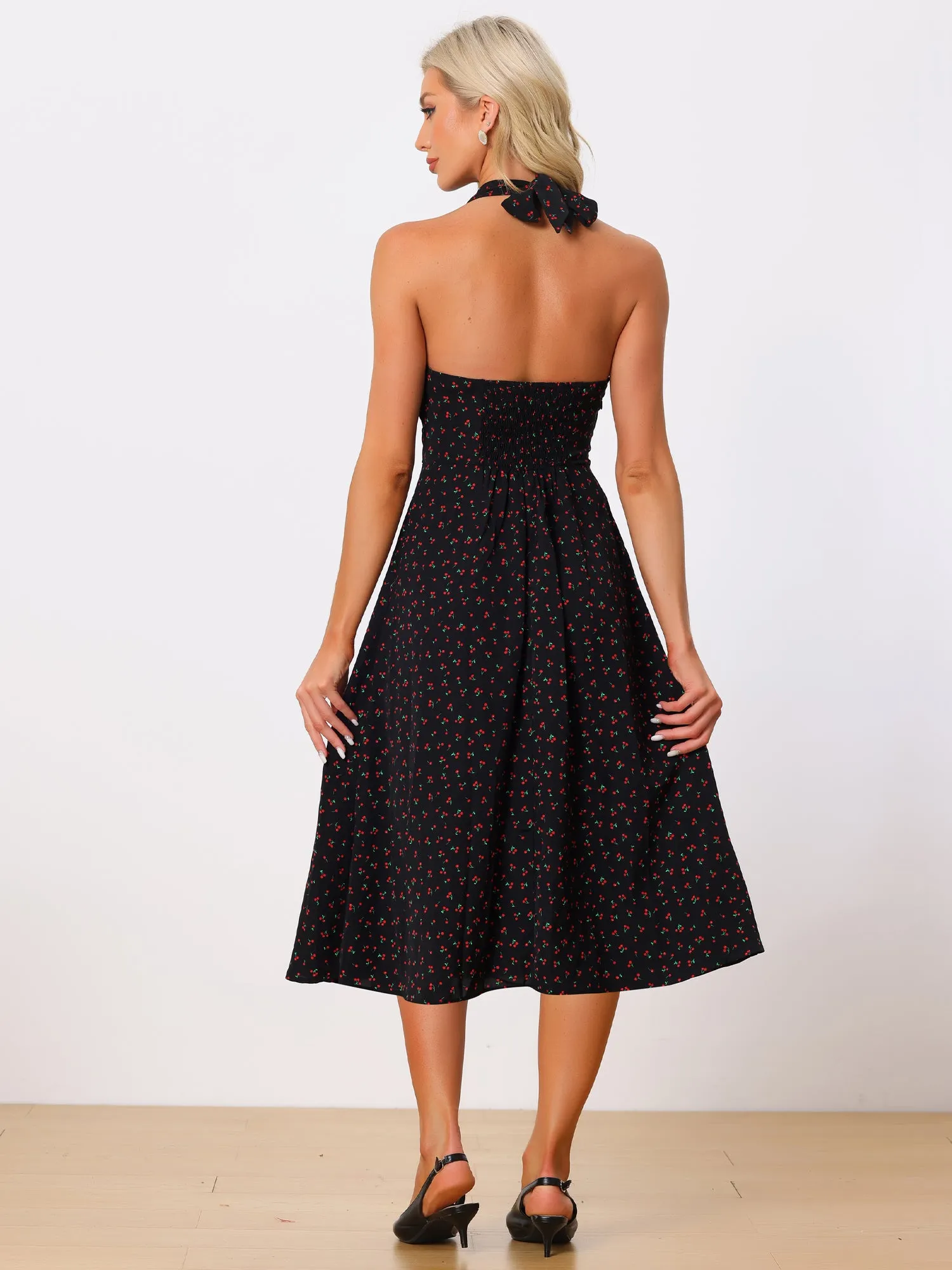 1950s Vintage Halter Neck Casual Cherry Print Midi Swing Dress sold by Allegra K product image thumbnail 3