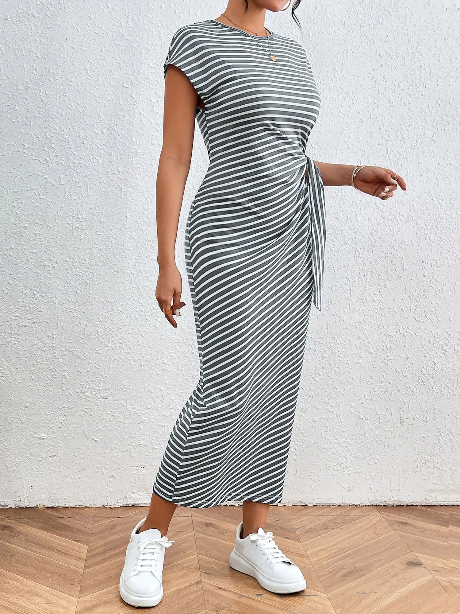Cap Sleeves Twisted Knot Striped Slit Maxi Sheath Dress sold by Allegra K product image thumbnail 3
