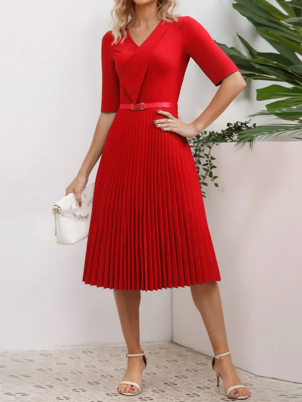 V Neck Short Sleeves Pleated Belted A-Line Midi Dress sold by Allegra K