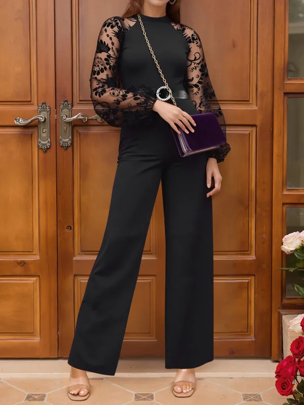 Mock Neck Mesh Lantern Sleeves Belted Straight Legs Jumpsuits sold by Allegra K
