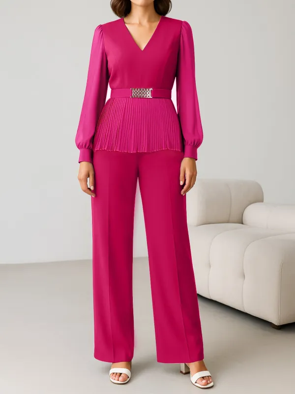 2 Pieces V Neck Belted Pleated Peplum Blouse & Straight Leg Pants Set sold by Allegra K