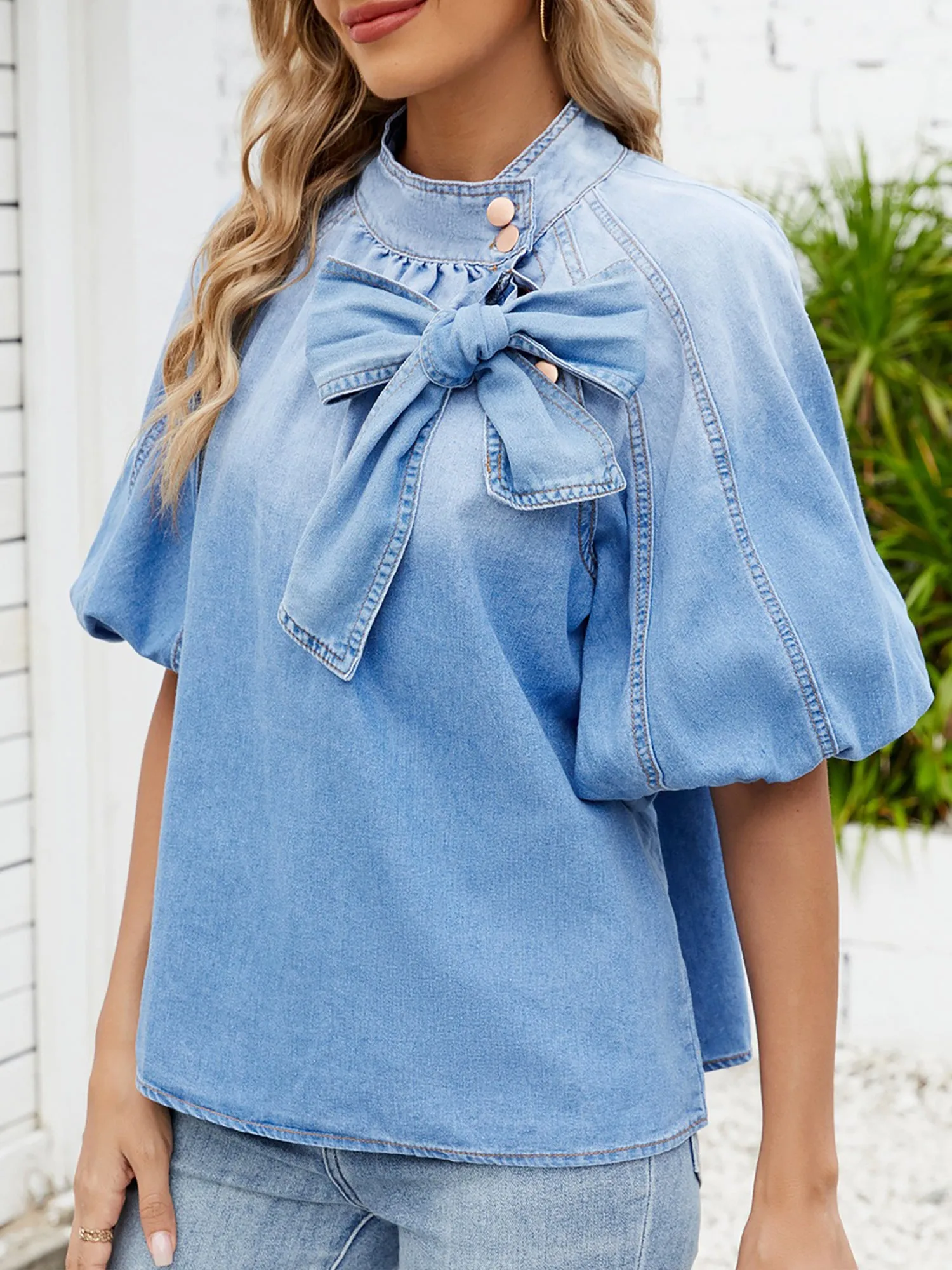 Denim Mock Neck Bowknot Puff Sleeves Blouse sold by Allegra K product image thumbnail 4