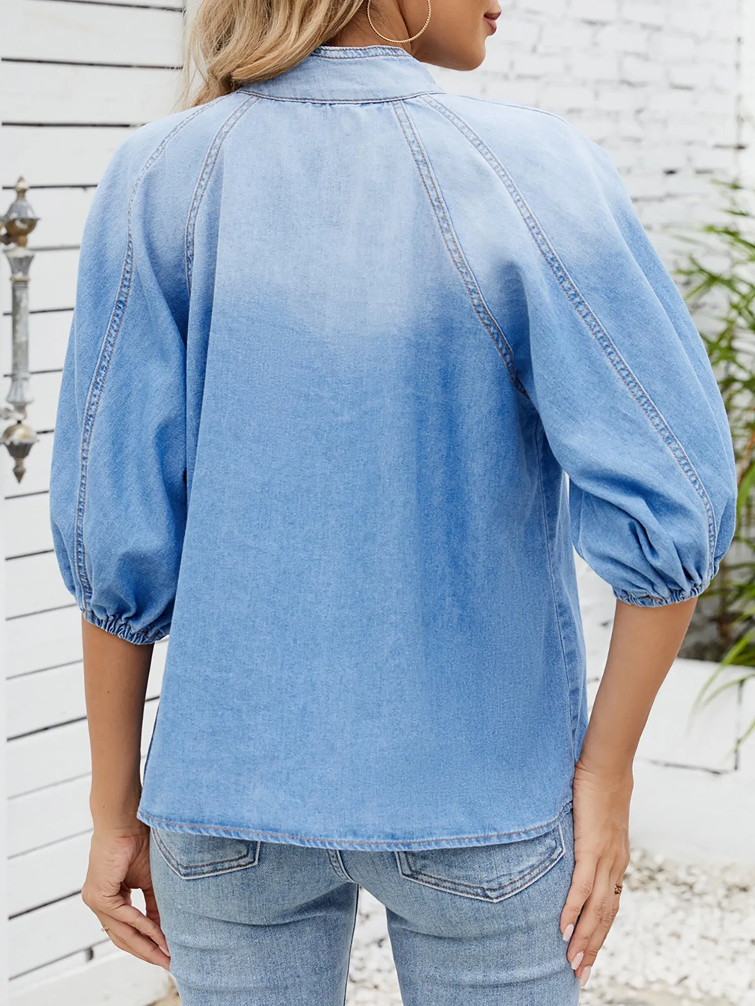 Denim Mock Neck Bowknot Puff Sleeves Blouse sold by Allegra K product image thumbnail 2