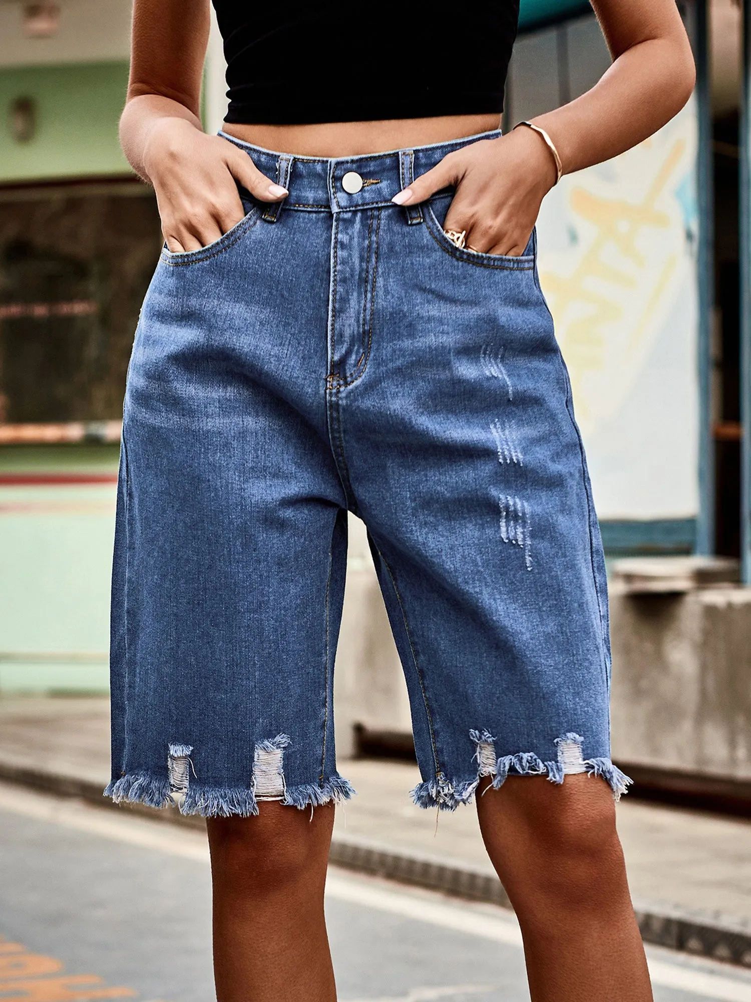 Denim Decorative Ripped Raw Edge Tassel Jeans Shorts sold by Allegra K product image thumbnail 5