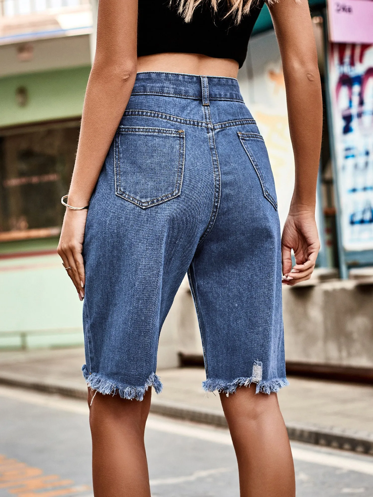 Denim Decorative Ripped Raw Edge Tassel Jeans Shorts sold by Allegra K product image thumbnail 2