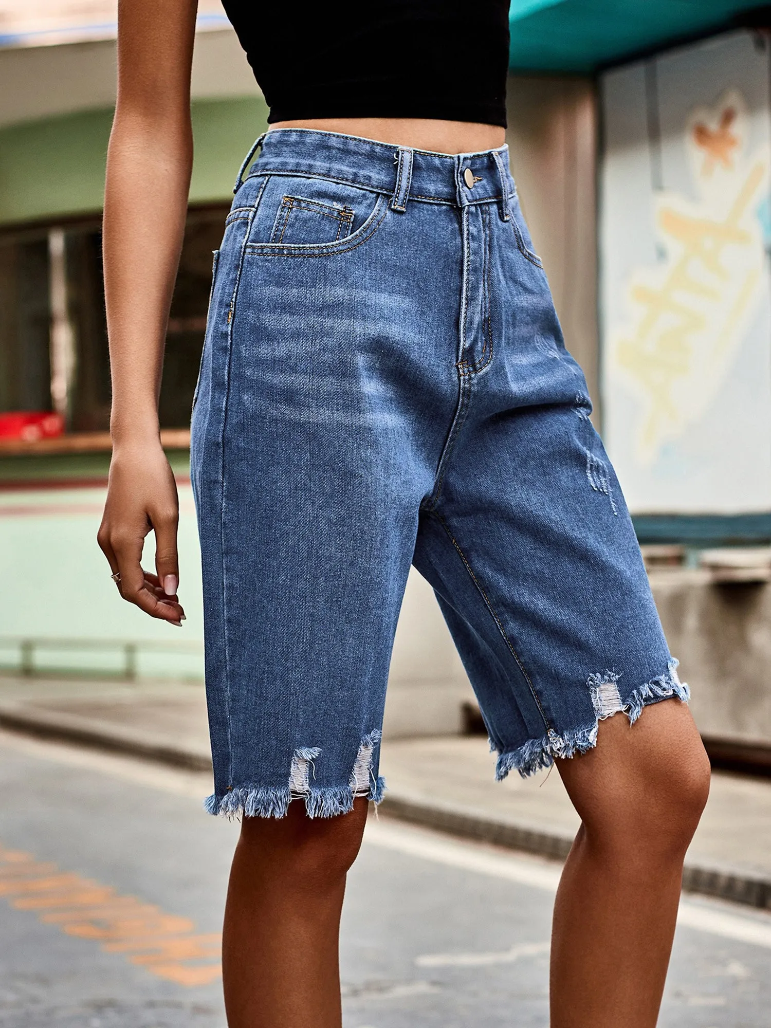 Denim Decorative Ripped Raw Edge Tassel Jeans Shorts sold by Allegra K product image thumbnail 3