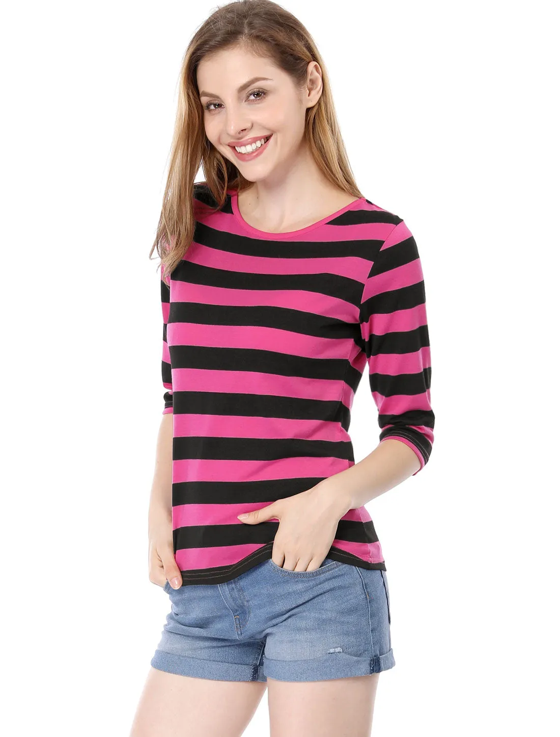 Casual Striped 3/4 Sleeve Round Neck T-Shirt sold by Allegra K product image thumbnail 2