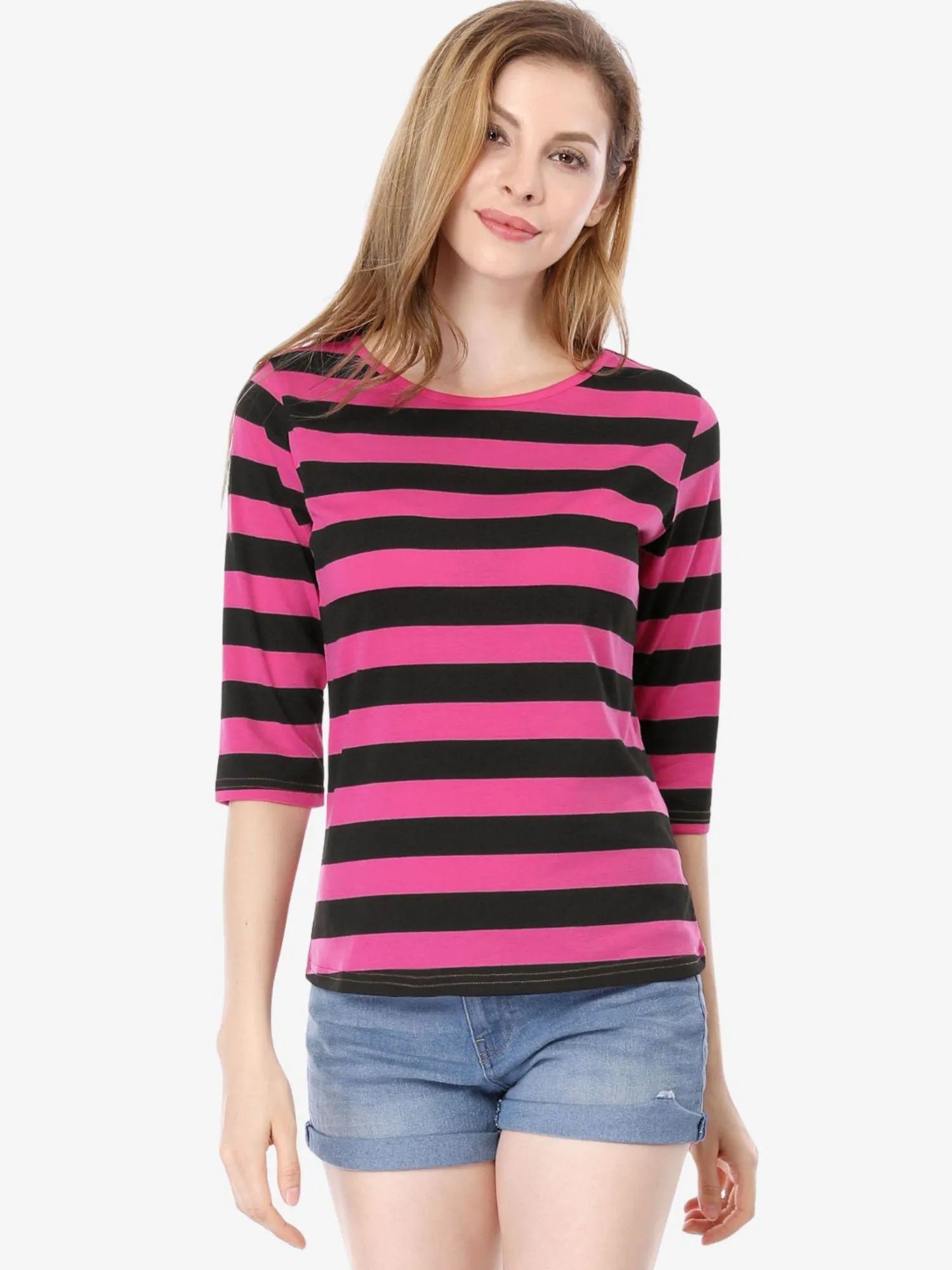 Casual Striped 3/4 Sleeve Round Neck T-Shirt sold by Allegra K