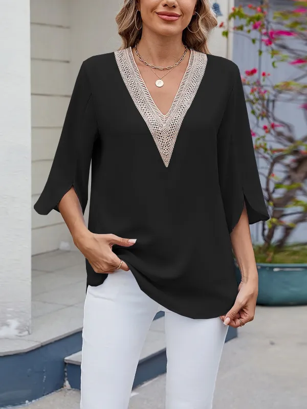 Lace Trim V Neck 3/4 Sleeve Loose Fit Chiffon Blouse sold by Allegra K