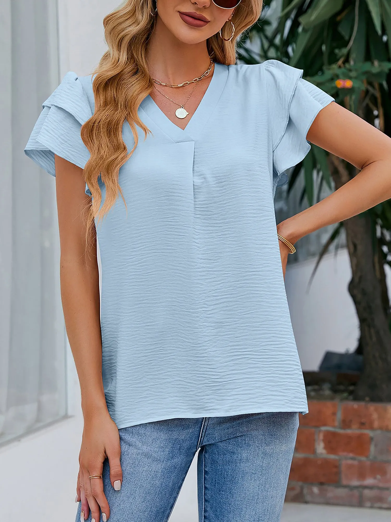 V Neck Chiffon Ruffled Short Sleeve Blouse sold by Allegra K product image thumbnail 3