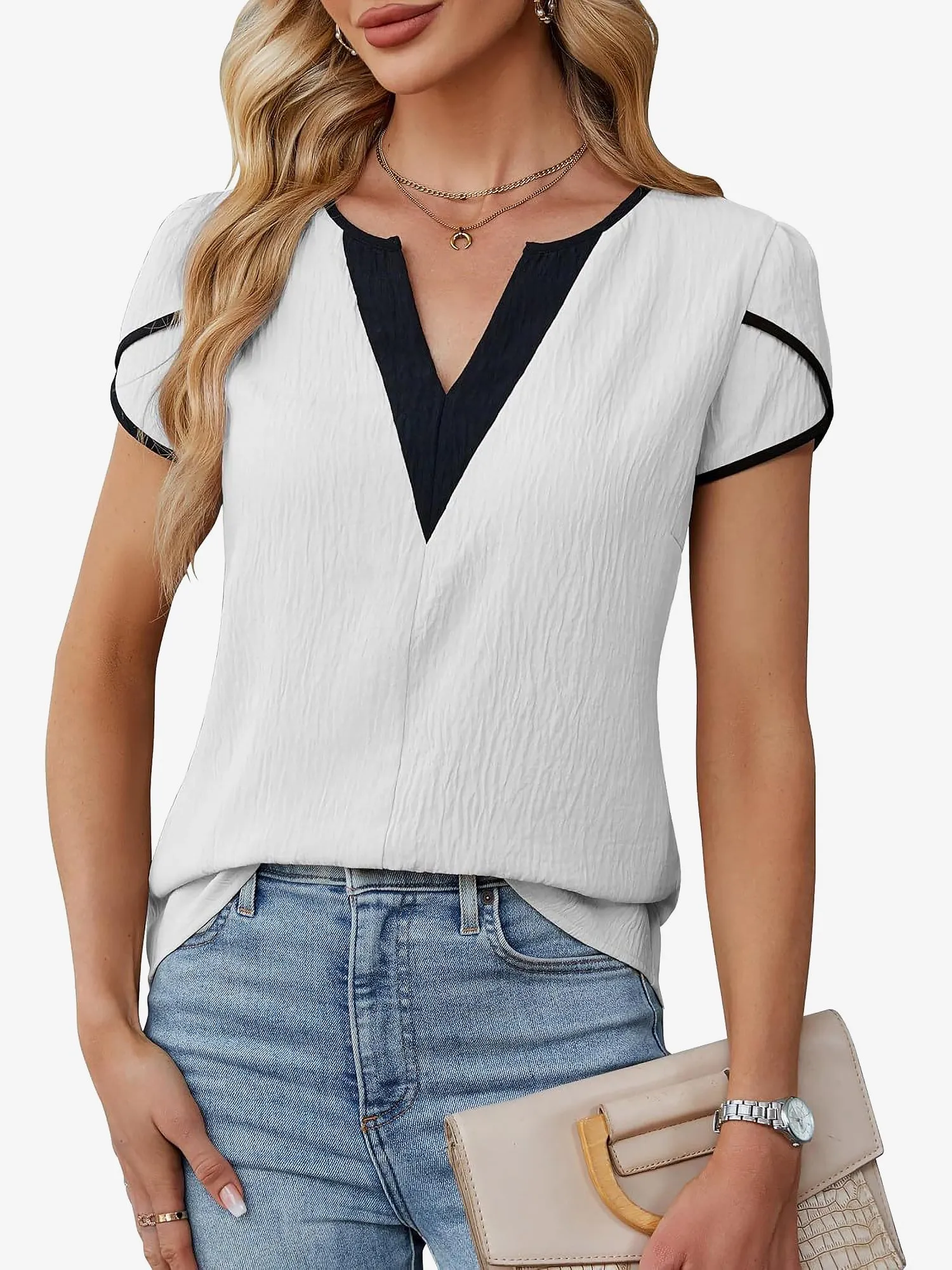 Colorblocked Notch Neck Petal Short Sleeves Top sold by Allegra K product image thumbnail 5