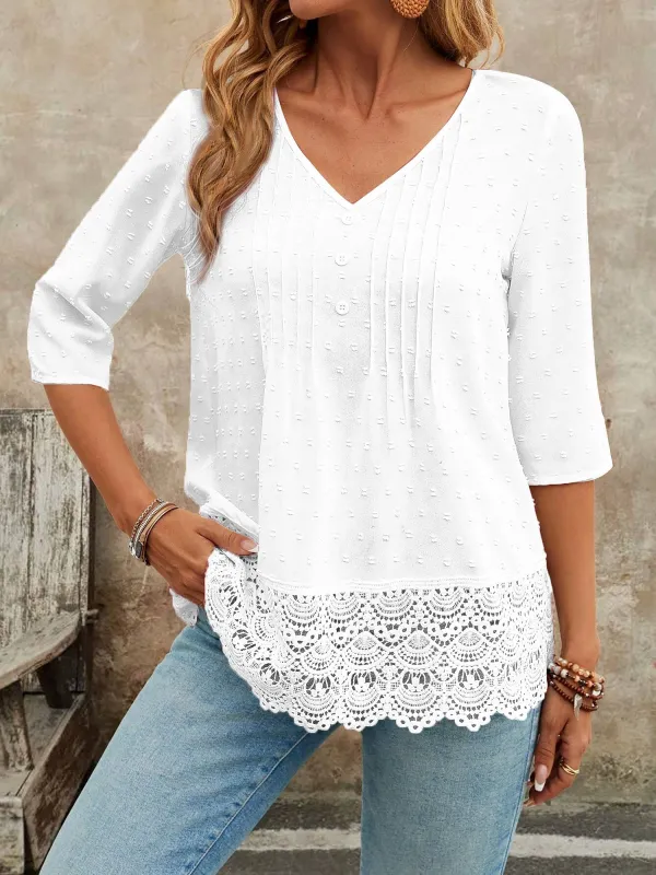 Swiss Dots Lace V Neck 3/4 Sleeves Pleated Blouse sold by Allegra K