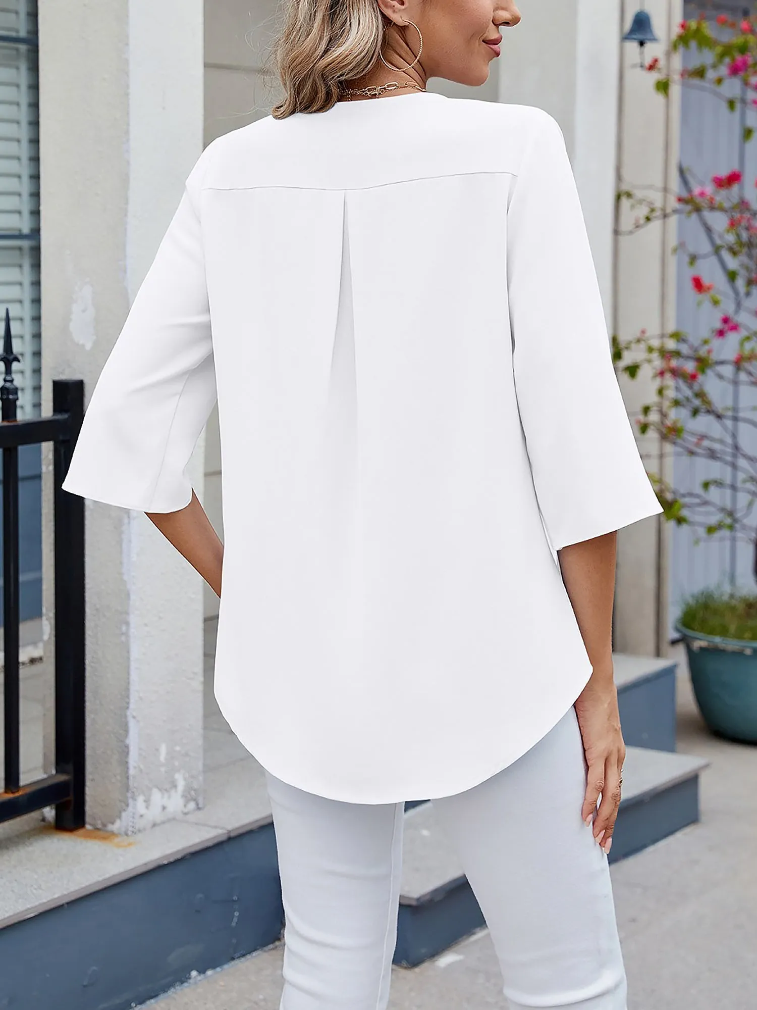 Chiffon 3/4 Sleeve V Neck Ruffle Loose Fit Blouse sold by Allegra K product image thumbnail 2