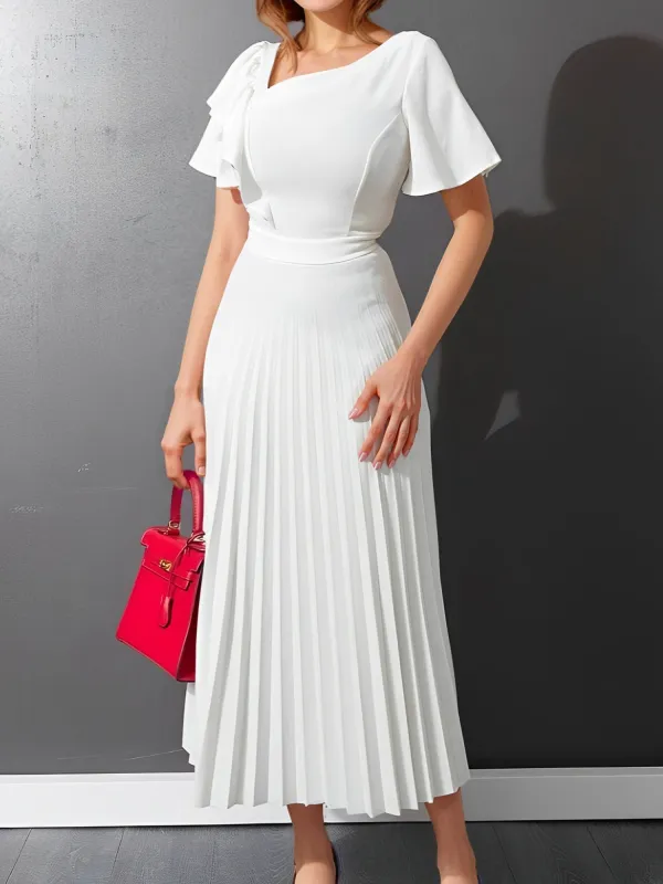 Irregular Neck Ruffled Short Sleeve Pleated Midi Dress sold by Allegra K