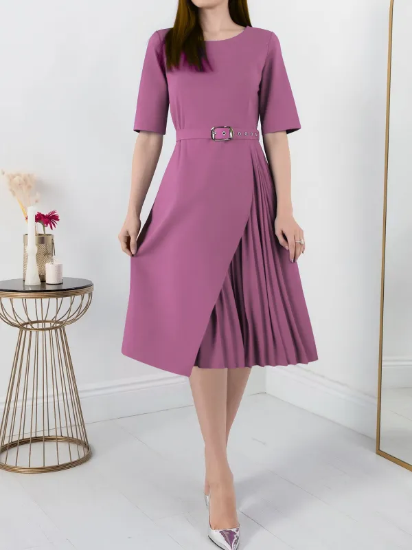 Round Neck Mid Sleeve Pleated Belted A-Line Dress sold by Allegra K