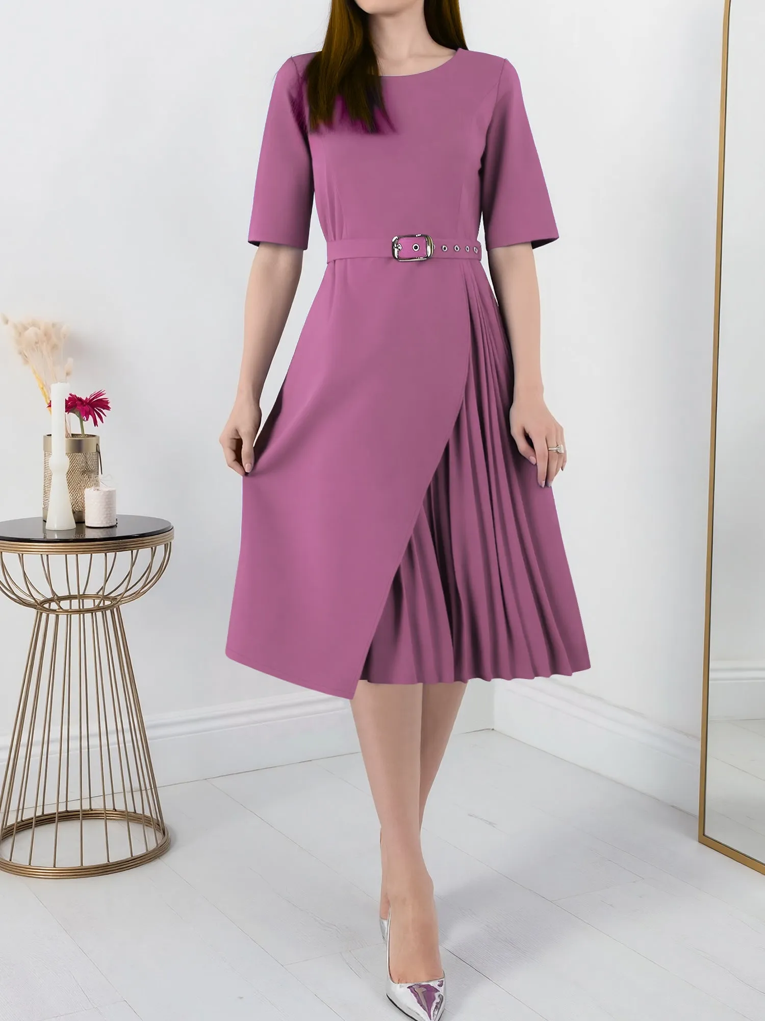Round Neck Mid Sleeve Pleated Belted A-Line Dress sold by Allegra K