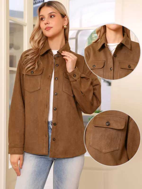 Turn-Down Collar Long Sleeve Button Down Faux Suede Jacket sold by Allegra K