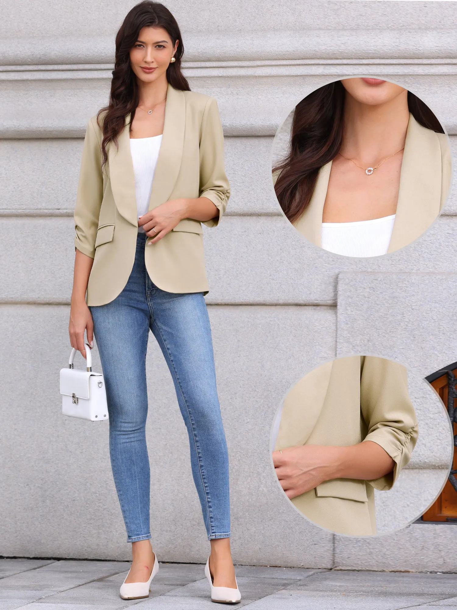 Shawl Collar Ruched 3/4 Sleeves Open Front Blazer sold by Allegra K product image thumbnail 5