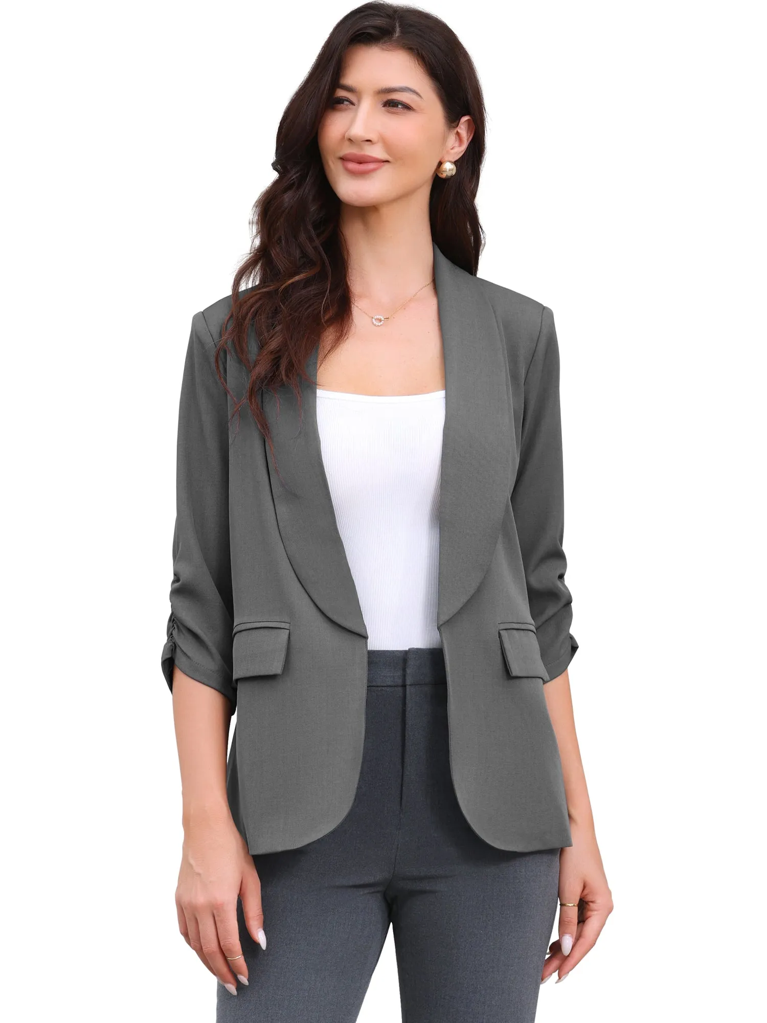 Shawl Collar Ruched 3/4 Sleeves Open Front Blazer sold by Allegra K product image thumbnail 4