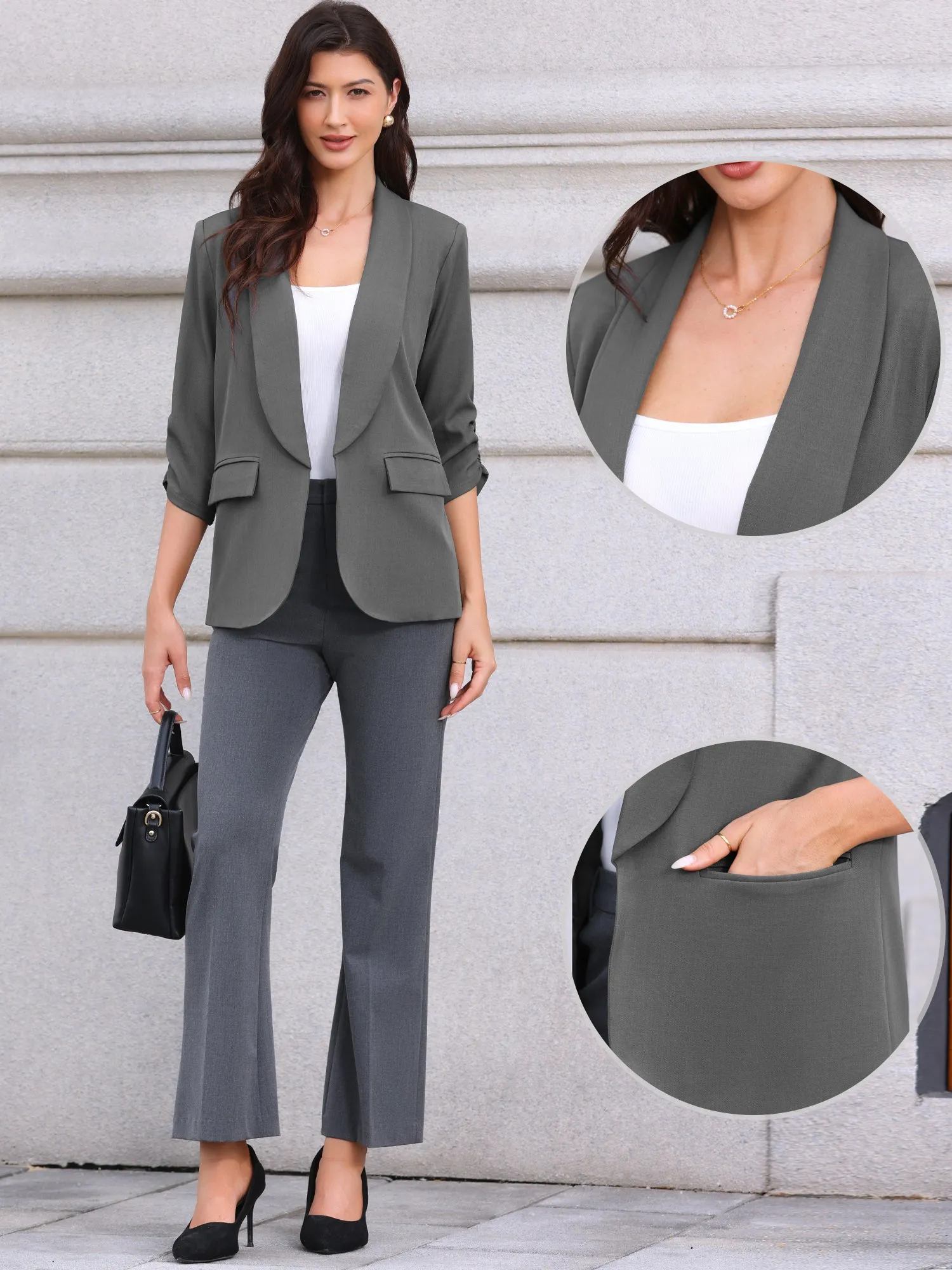 Shawl Collar Ruched 3/4 Sleeves Open Front Blazer sold by Allegra K