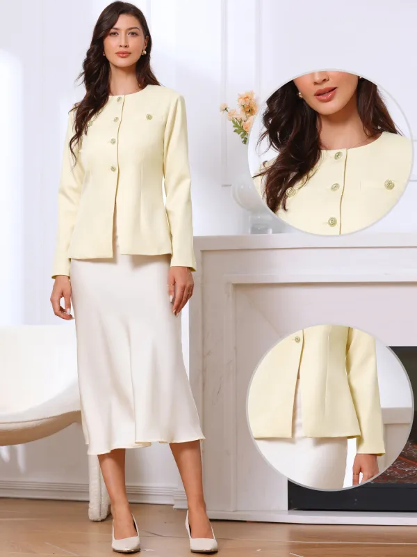 Collarless Button Down Long Sleeve Peplum Jackets sold by Allegra K