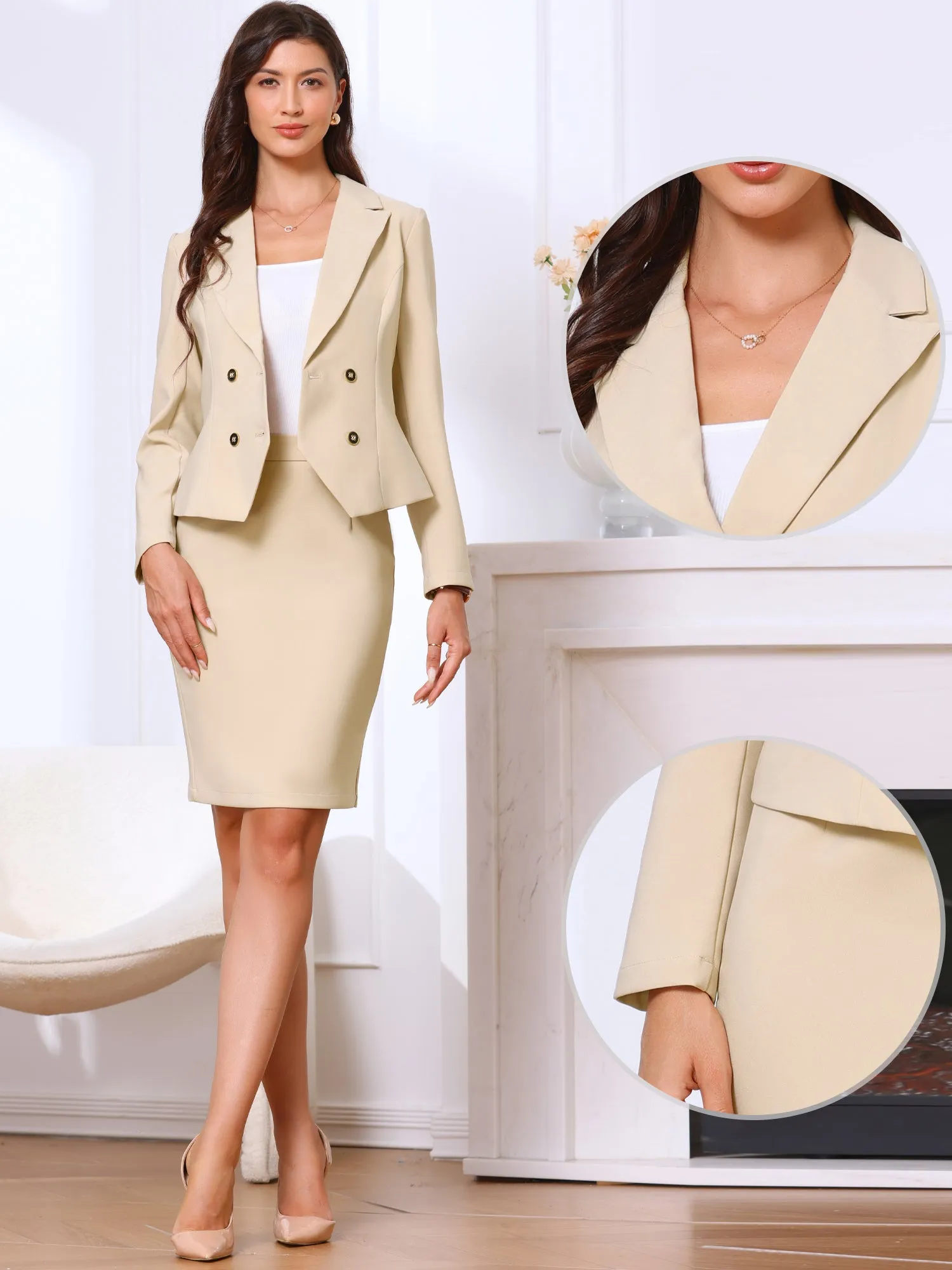 2 Pieces Long Sleeve Notched Lapel Blazer & Midi Pencil Skirt Formal Office Suit Set sold by Allegra K
