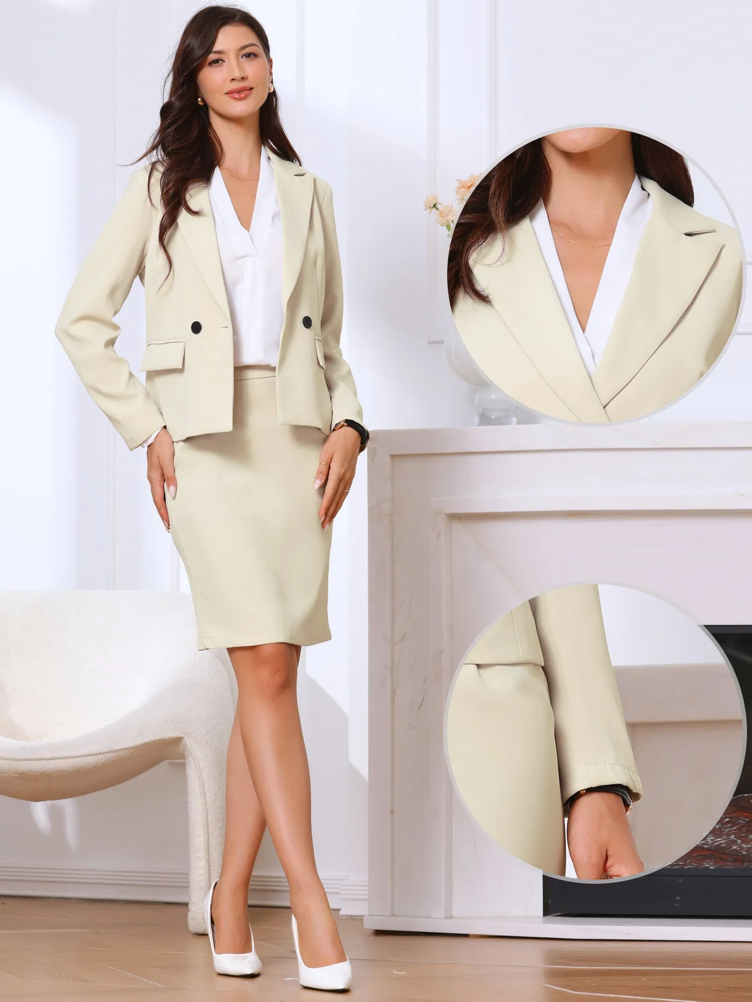 2 Pieces Notched Lapel Double Breasted Blazer & Midi Pencil Skirt Formal Suit Set sold by Allegra K