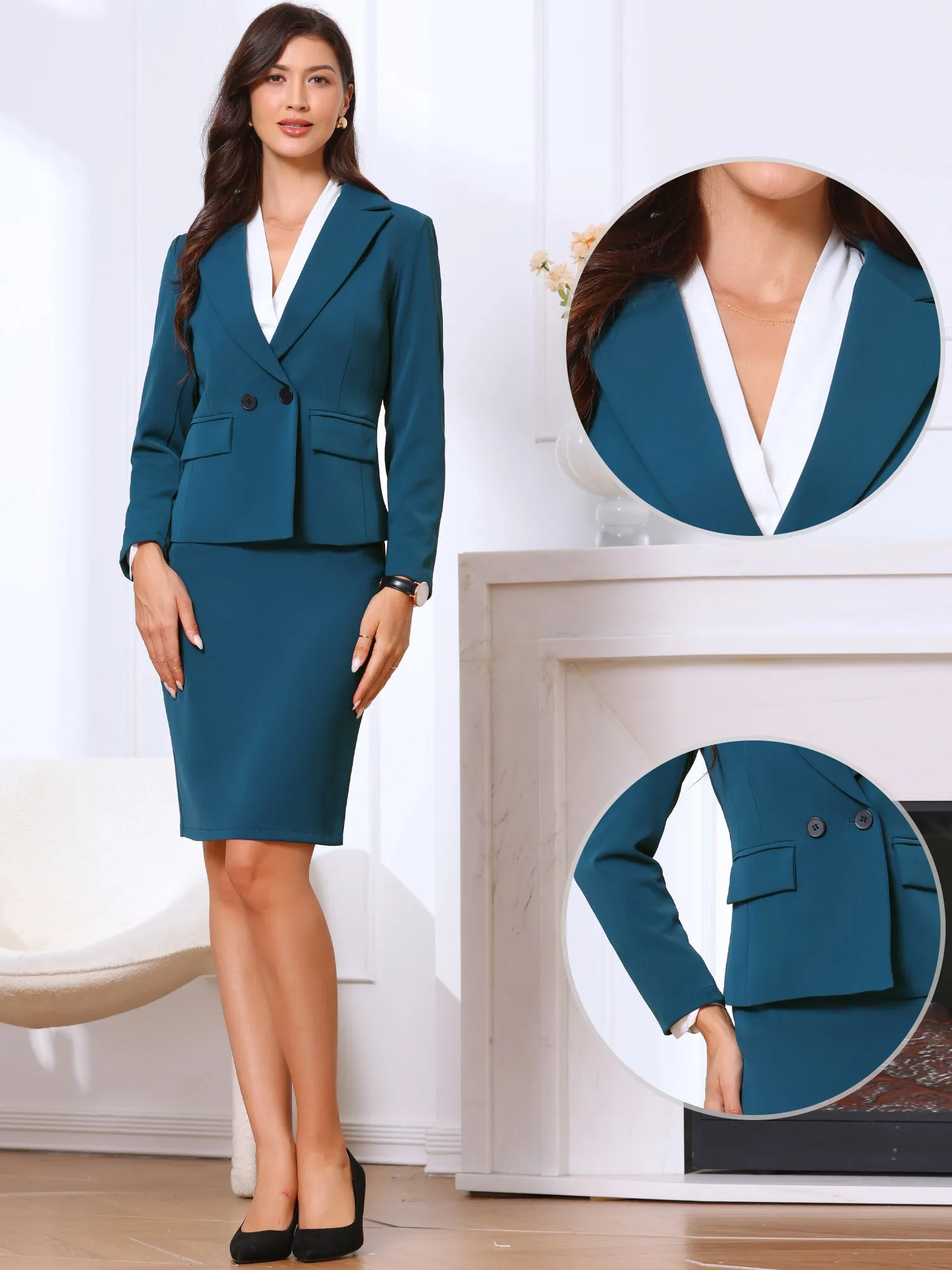 2 Pieces Notched Lapel Double Breasted Blazer & Midi Pencil Skirt Formal Suit Set sold by Allegra K product image thumbnail 5