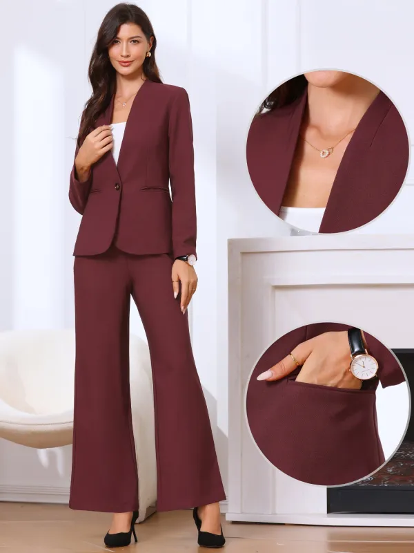 2 Piece Collarless One Button Blazer & Bell Bottom Pants Business Suit Set sold by Allegra K