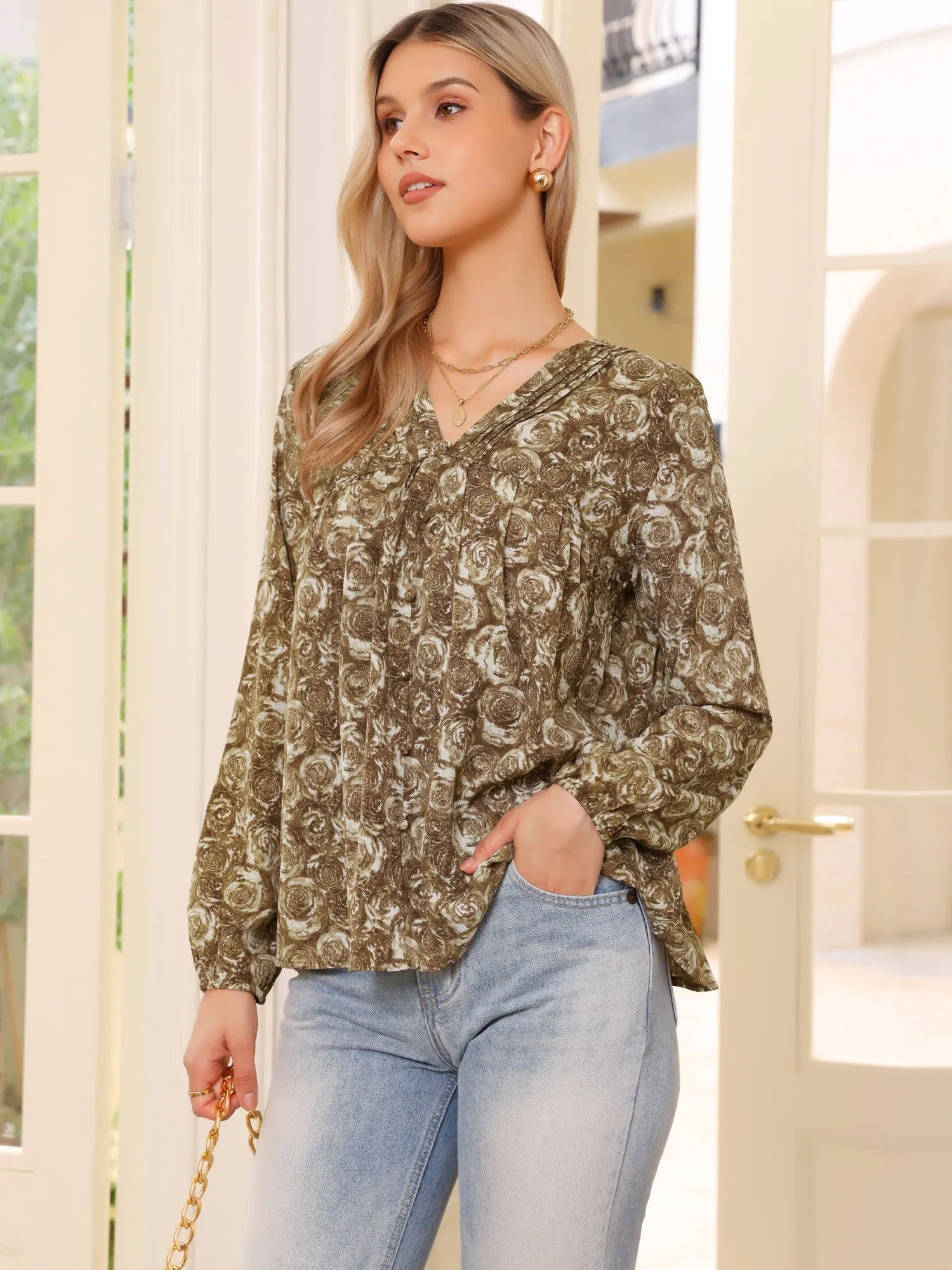 V Neck Floral Prints Button Decor Long Sleeve Blouse sold by Allegra K