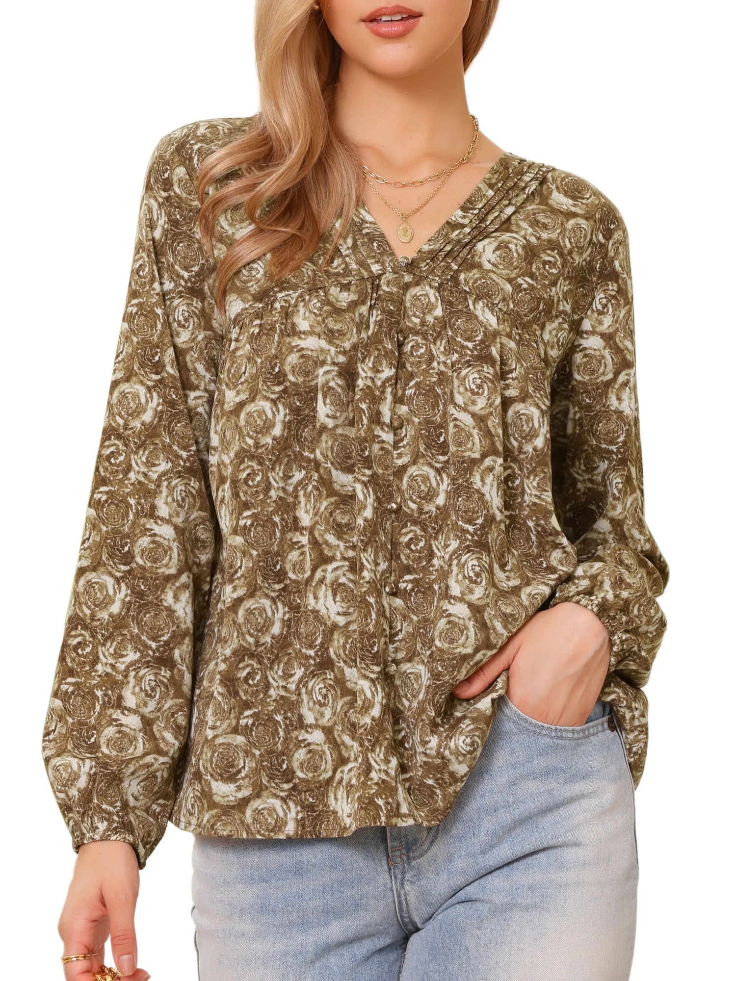 V Neck Floral Prints Button Decor Long Sleeve Blouse sold by Allegra K product image thumbnail 4